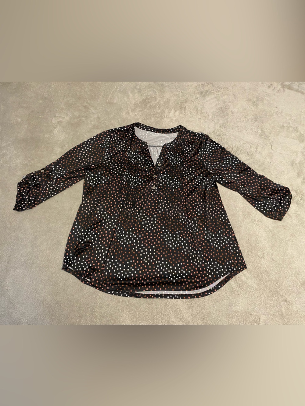 Source Unknown Black Blouse with White and Brown Dot Print